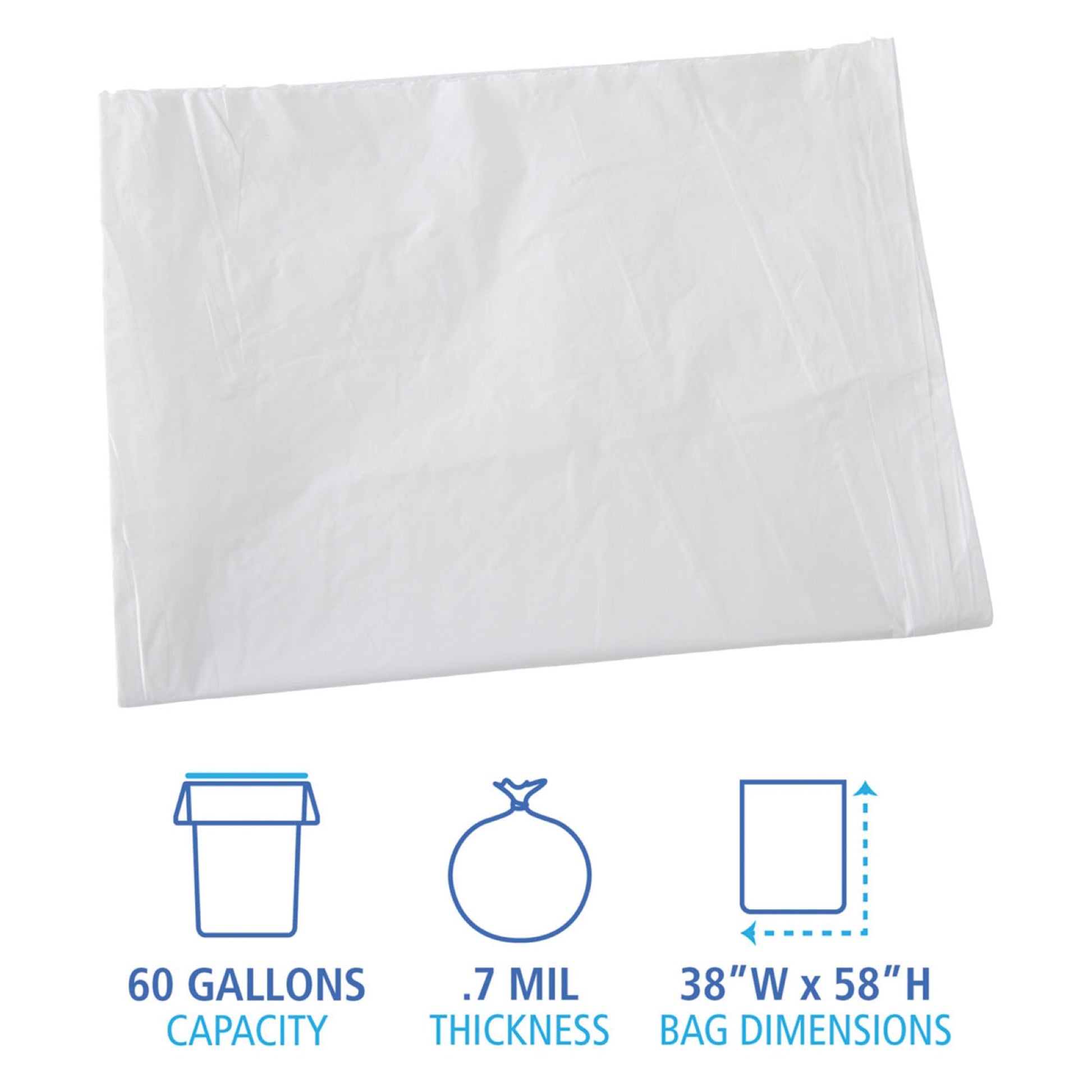 Boardwalk Trash Bag 60 gal. 0.70 mil White Industrial Strength Star Seal Bottom Flat Pack