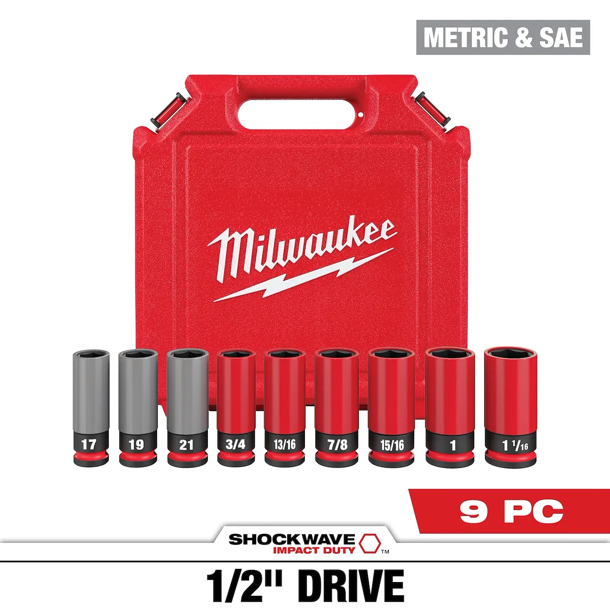 Milwaukee SHOCKWAVE Impact Duty 1/2 Drive SAE & Metric 9PC Lug Nut Wheel Socket Set 49-66-7832 | 1/2 in Drive, 9-Piece