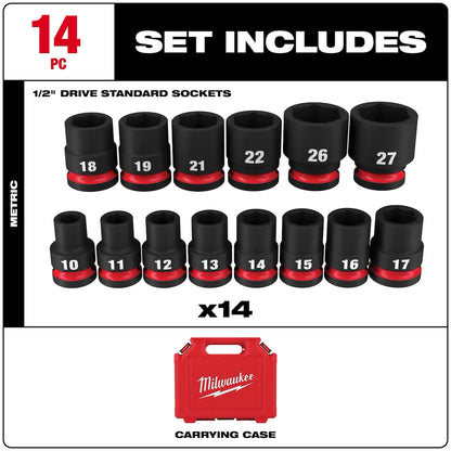 Milwaukee 14PC SHOCKWAVE Impact Duty 1/2" Drive Metric Standard 6 Point Socket Set 49-66-6258