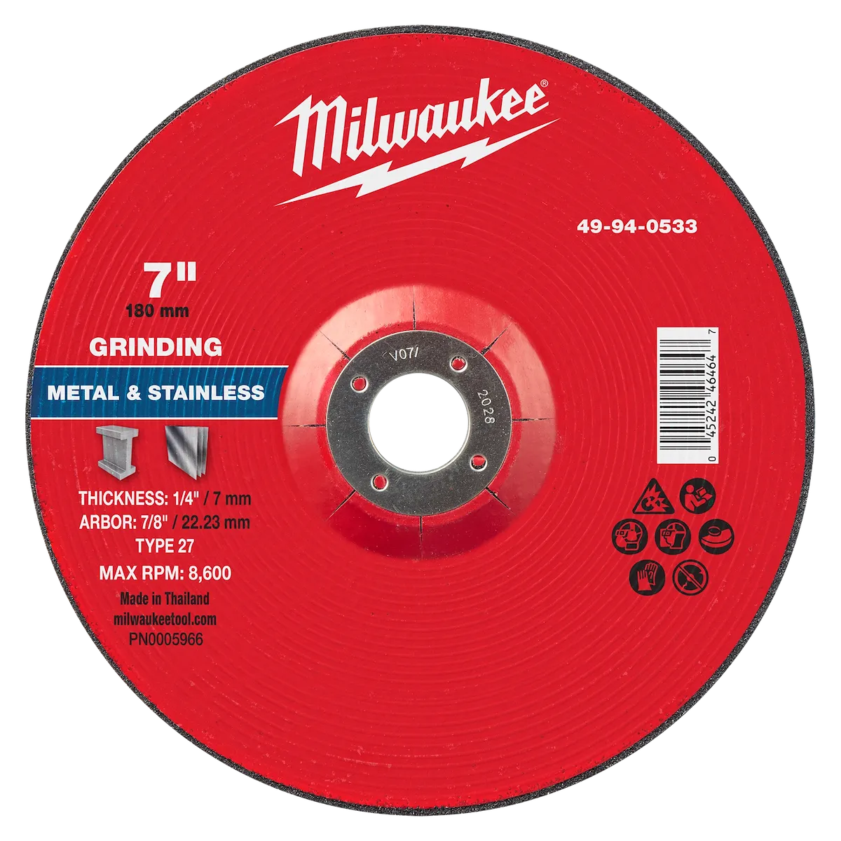 Milwaukee 7" x 1/4" x 7/8" Metal Grinding Wheel - Type 27 49-94-0533