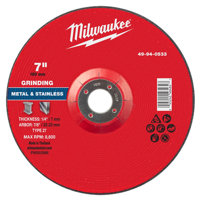 Milwaukee 7" x 1/4" x 7/8" Metal Grinding Wheel - Type 27 49-94-0533