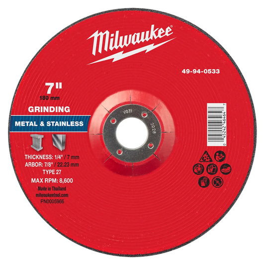 Milwaukee 7" x 1/4" x 7/8" Metal Grinding Wheel - Type 27 49-94-0533