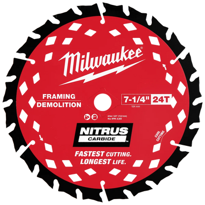 Milwaukee 7-1/4” 24T NITRUS Carbide Framing & Demolition Circular Saw Blade – 2 PK 48-40-0752