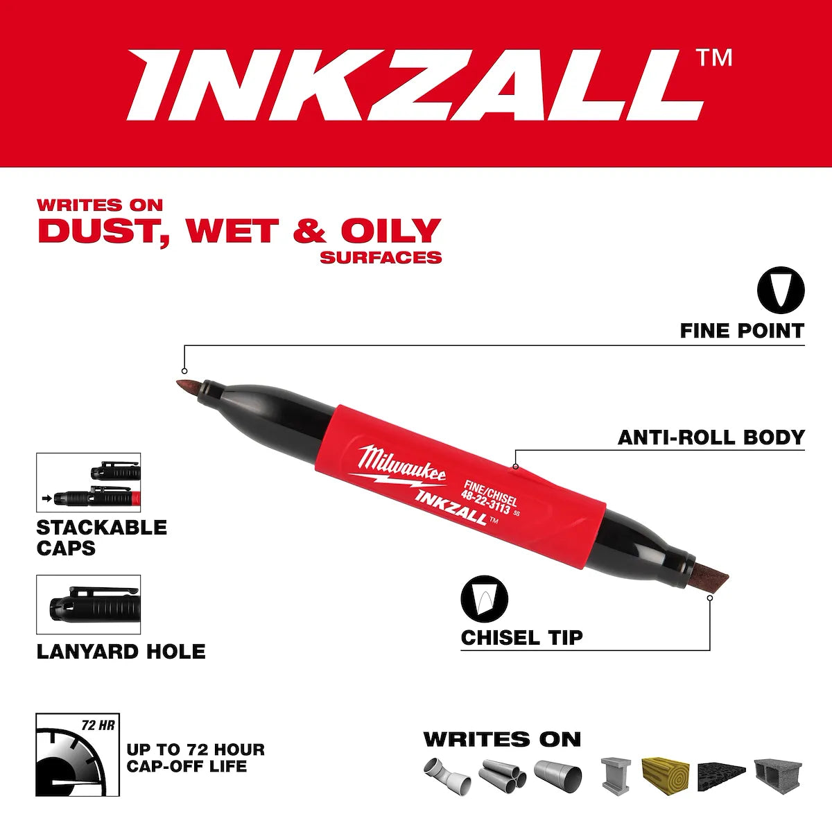 Milwaukee INKZALL Double Sided Black Jobsite Marker – Fine Point & Chisel Tip 48-22-3113
