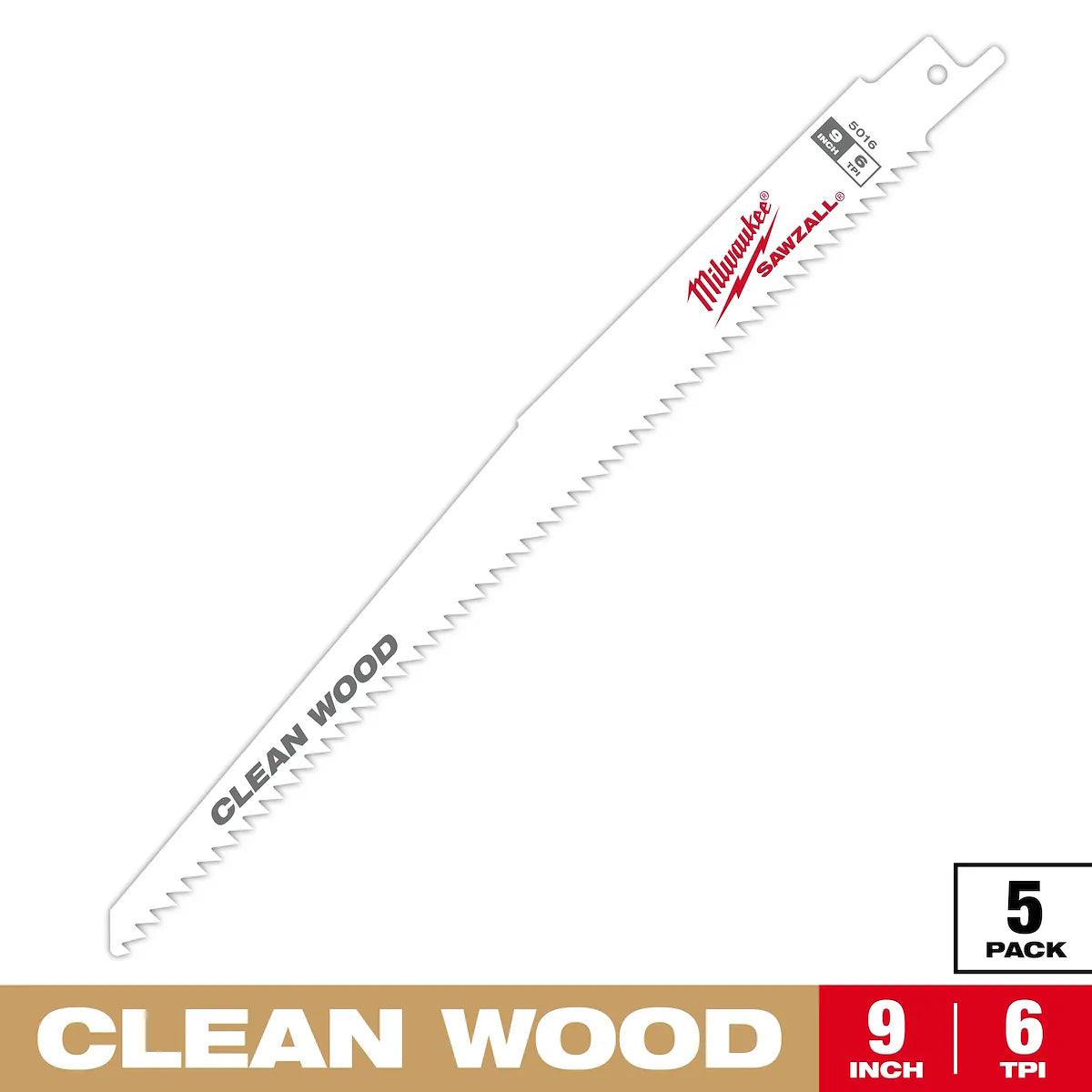 Milwaukee 9" 6 TPI Fleam Ground SAWZALL Blade for Clean Wood (5 PK) 48-00-5016 | 9 in Blade Length, 5-Piece
