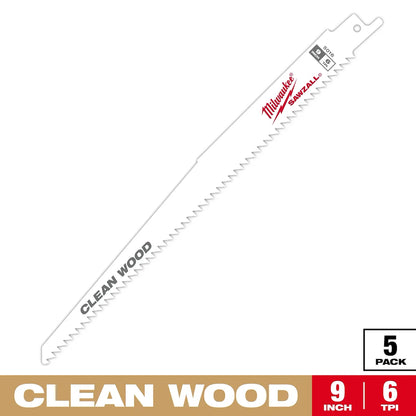 Milwaukee 9" 6 TPI Fleam Ground SAWZALL Blade for Clean Wood (5 PK) 48-00-5016 | 9 in Blade Length, 5-Piece