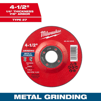Milwaukee 4-1/2" x 1/4" x 7/8" Metal Grinding Wheel - Type 27 49-94-0505
