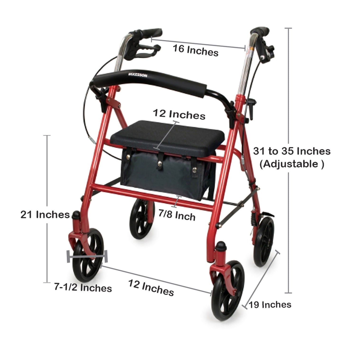 McKesson Folding Steel Four-Wheel Rollator, 12-Inch Seat Width, Red