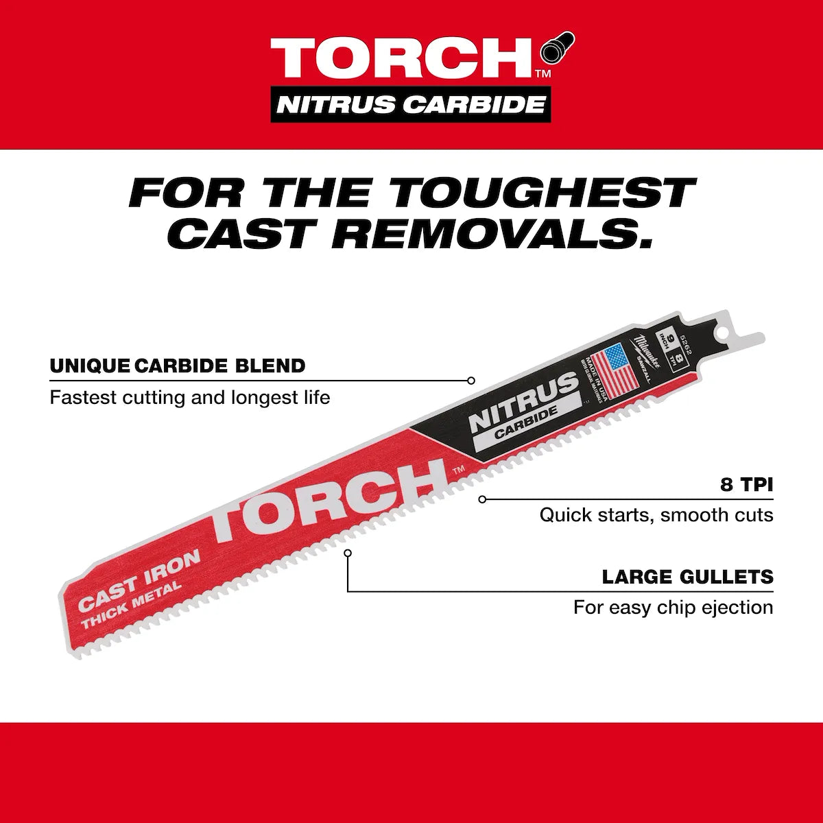 Milwaukee 6" 8 TPI TORCH with NITRUS Carbide SAWZALL Blade for Cast Iron (3 PK) 48-00-5361 | 6 in Blade Length, 3-Piece
