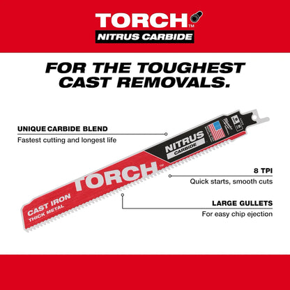 Milwaukee 6" 8 TPI TORCH with NITRUS Carbide SAWZALL Blade for Cast Iron (3 PK) 48-00-5361 | 6 in Blade Length, 3-Piece