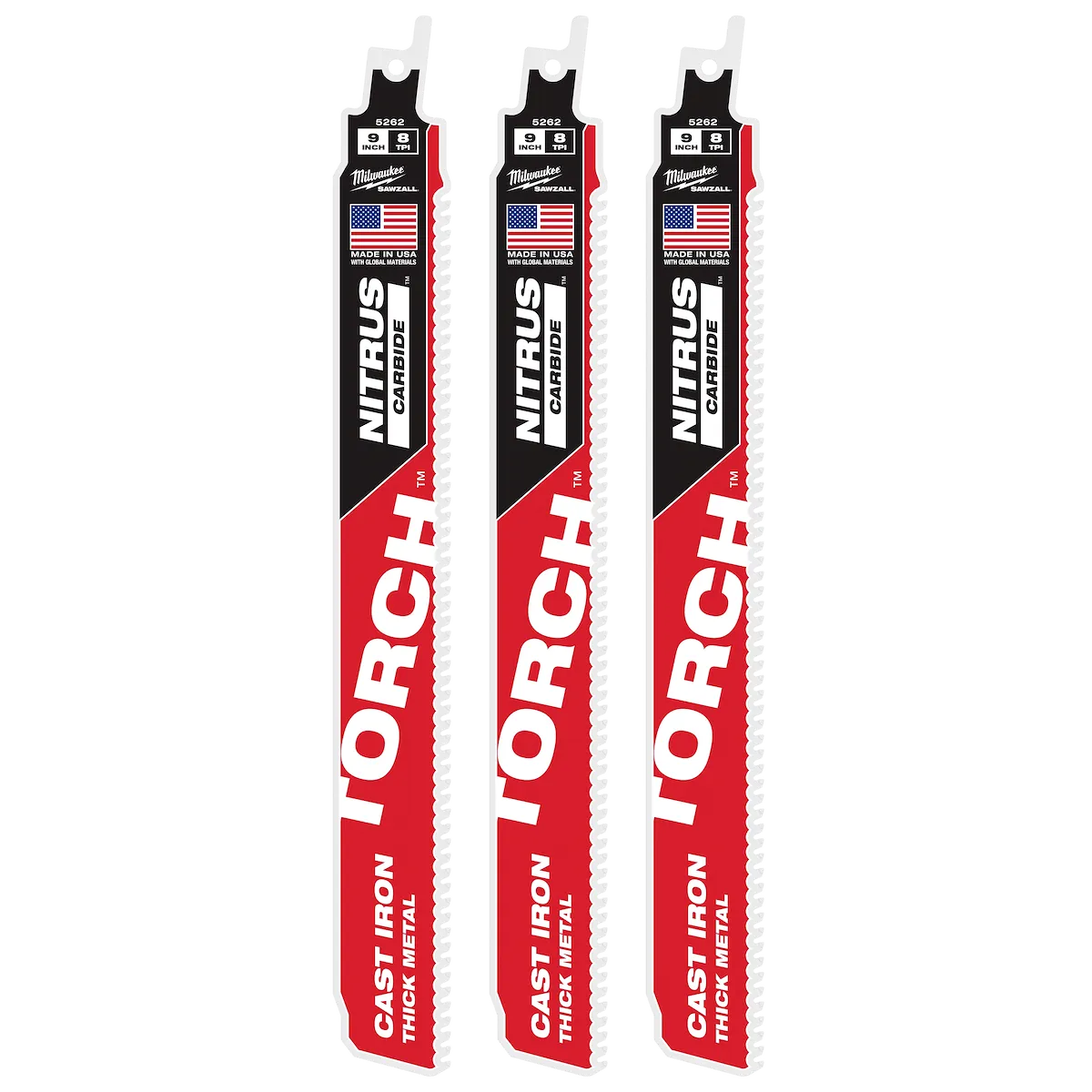 Milwaukee 9" 8 TPI TORCH with NITRUS Carbide SAWZALL Blade for Cast Iron (3 PK) 48-00-5362 | 9 in Blade Length, 3-Piece