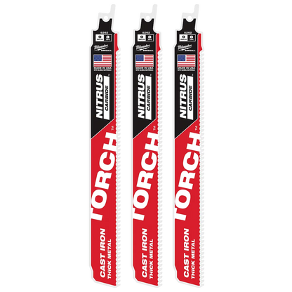 Milwaukee 9" 8 TPI TORCH with NITRUS Carbide SAWZALL Blade for Cast Iron (3 PK) 48-00-5362 | 9 in Blade Length, 3-Piece