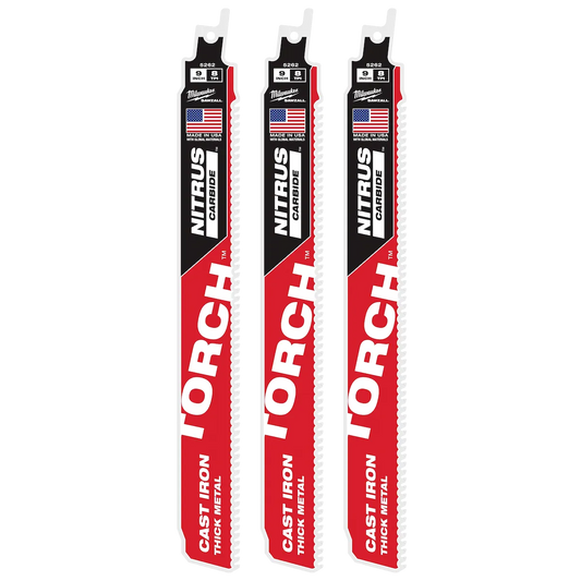 Milwaukee 9" 8 TPI TORCH with NITRUS Carbide SAWZALL Blade for Cast Iron (3 PK) 48-00-5362 | 9 in Blade Length, 3-Piece