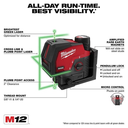 Milwaukee M12 Green Cross Line & Plumb Points Laser Kit 3622-21 | M12 Battery, Glass Filled Nylon