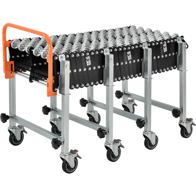Global Industrial 988989 Expandable Conveyor — steel skate wheel and axle detail