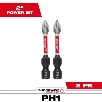 Milwaukee SHOCKWAVE Impact Duty 2" PH1 Bit (2 Pk) 48-32-4961 | PH1 Drive, 2-Piece