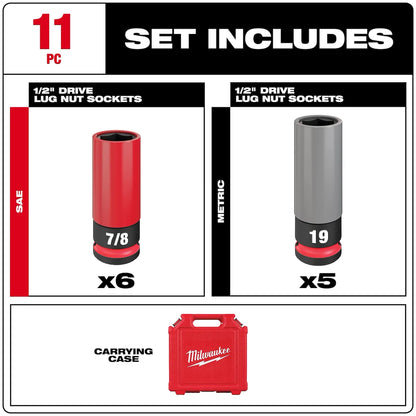 Milwaukee SHOCKWAVE Impact Duty 1/2 Drive SAE & Metric 11PC Lug Nut Wheel Socket Set 49-66-7833 | 1/2 in Drive, 11-Piece