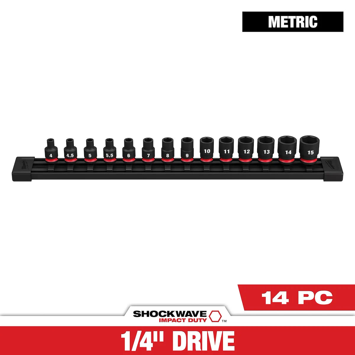 Milwaukee 14PC SHOCKWAVE Impact Duty Metric Standard 6 Point Socket Set 49-66-7002 | 1/4 in Drive, 14-Piece