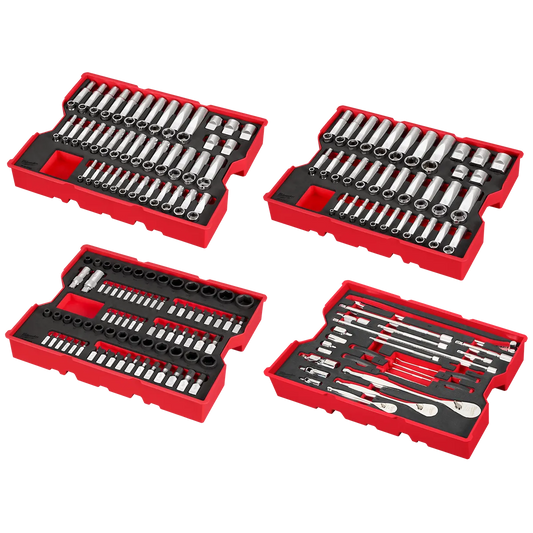 Milwaukee 242pc. 1/4”, 3/8”, & 1/2” Drive Metric & SAE Ratchet & Socket Set with Trays for PACKOUT Drawers 48-22-9490 | 242-Piece, S2 Steel