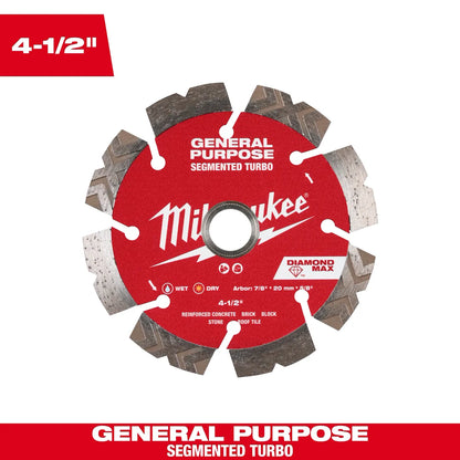 Milwaukee 4-1/2" DIAMOND MAX Segmented Turbo, General Purpose Diamond Blade 49-93-9004 | Diamond Coated