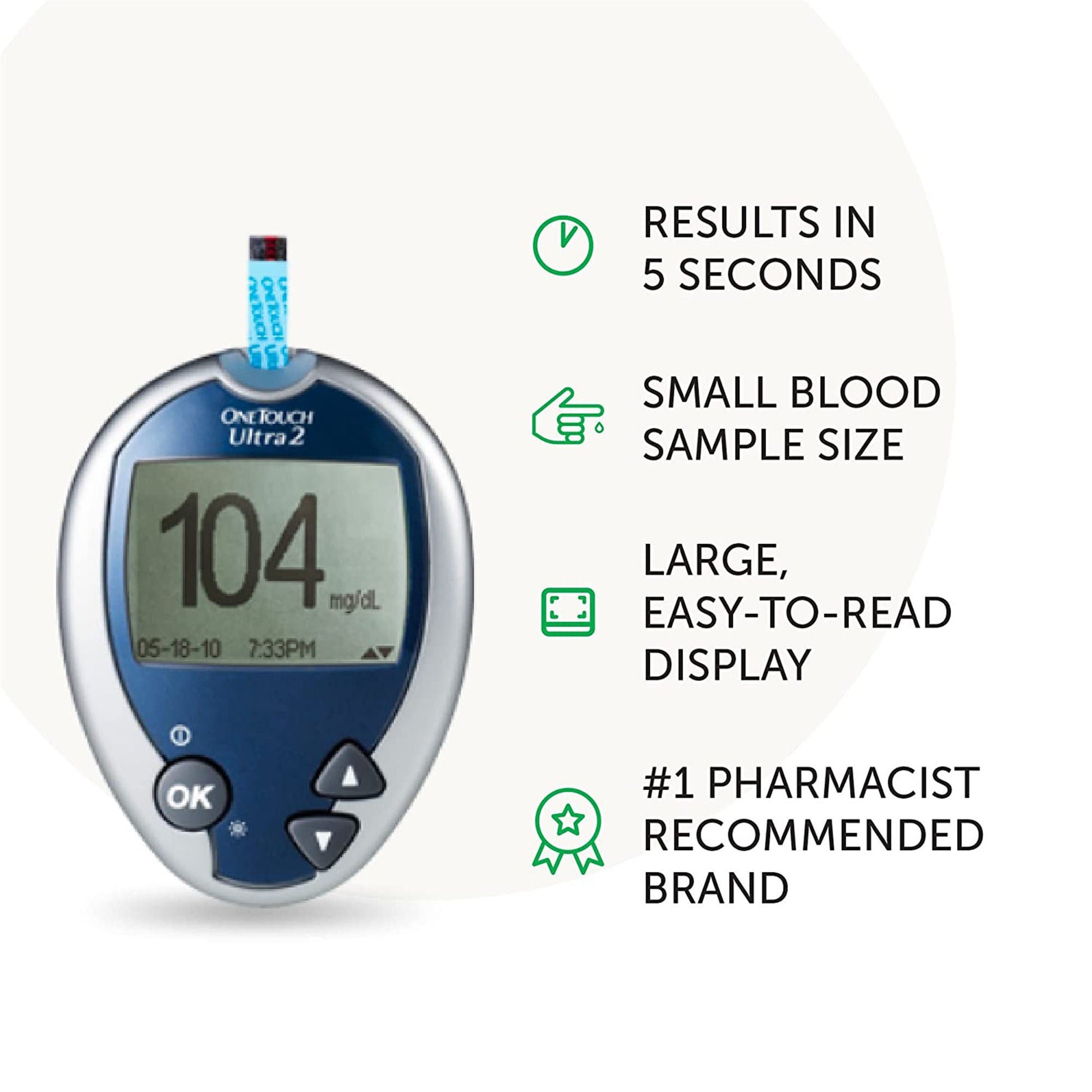 OneTouch Ultra 2 Blood Glucose Meter 5 Second Results Stores up to 500 Results No Coding Required