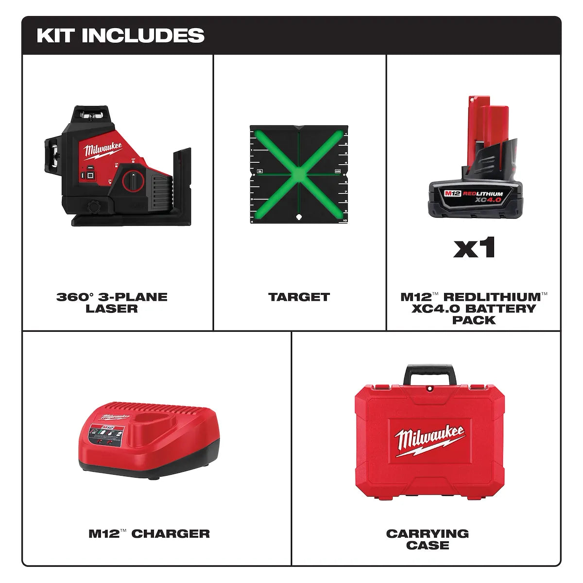 Milwaukee M12 Green 360° 3-Plane Laser Kit 3632-21 | M12 Battery, Glass Filled Nylon