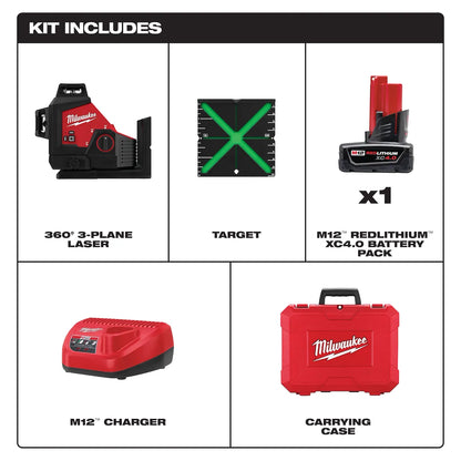 Milwaukee M12 Green 360° 3-Plane Laser Kit 3632-21 | M12 Battery, Glass Filled Nylon