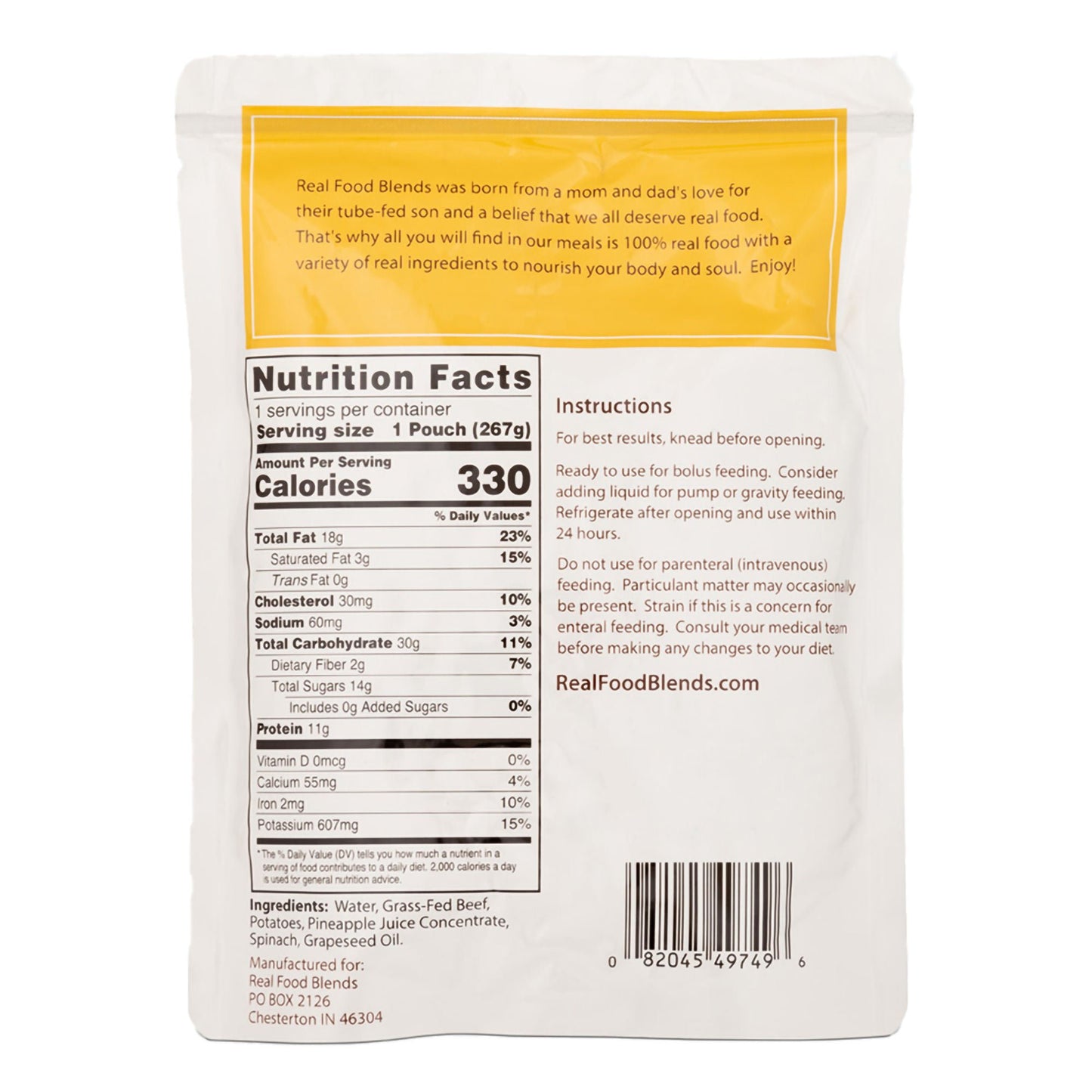 Real Food Blends™ Beef, Potatoes & Spinach Puree Blend for Tube Feeding