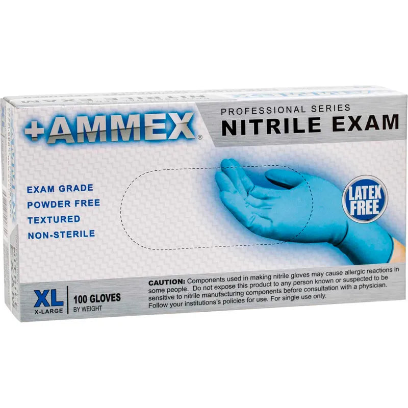 AMMEX GlovePlus Powder-Free Exam Grade Blue Nitrile Gloves, 3 mil, 100/Box — latex-free, textured fingertips, beaded cuff