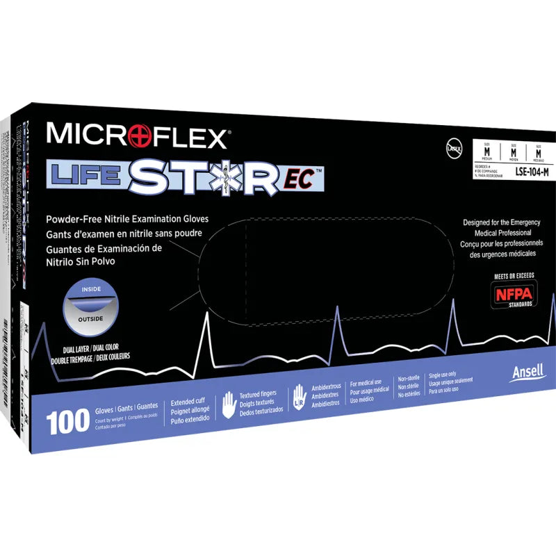 Ansell MICROFLEX LifeStar EC LSE-104 — dual-color breach detection detail showing blue interior layer
