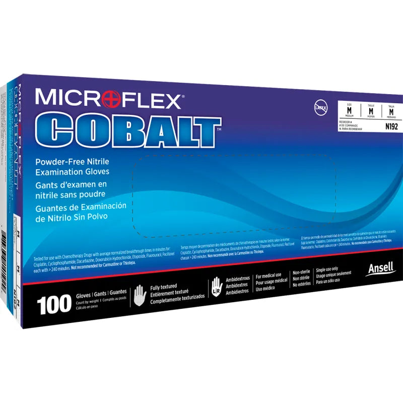 Ansell MICROFLEX Cobalt N19 Nitrile Gloves, Powder-Free, Medium, 100-Pack — cobalt blue, fully textured, beaded cuff