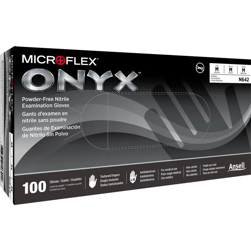 Ansell MICROFLEX Onyx N64 — soft black nitrile glove showing fingertip texture and beaded cuff detail