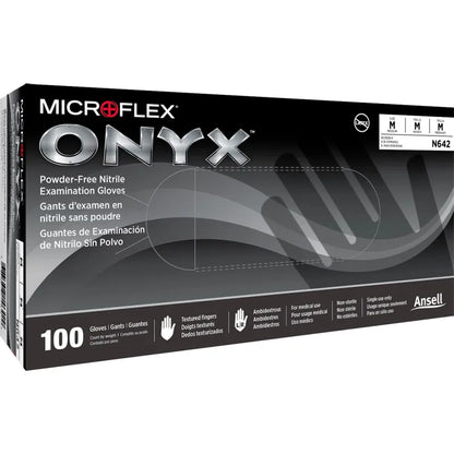 Ansell MICROFLEX Onyx N64 — soft black nitrile glove showing fingertip texture and beaded cuff detail