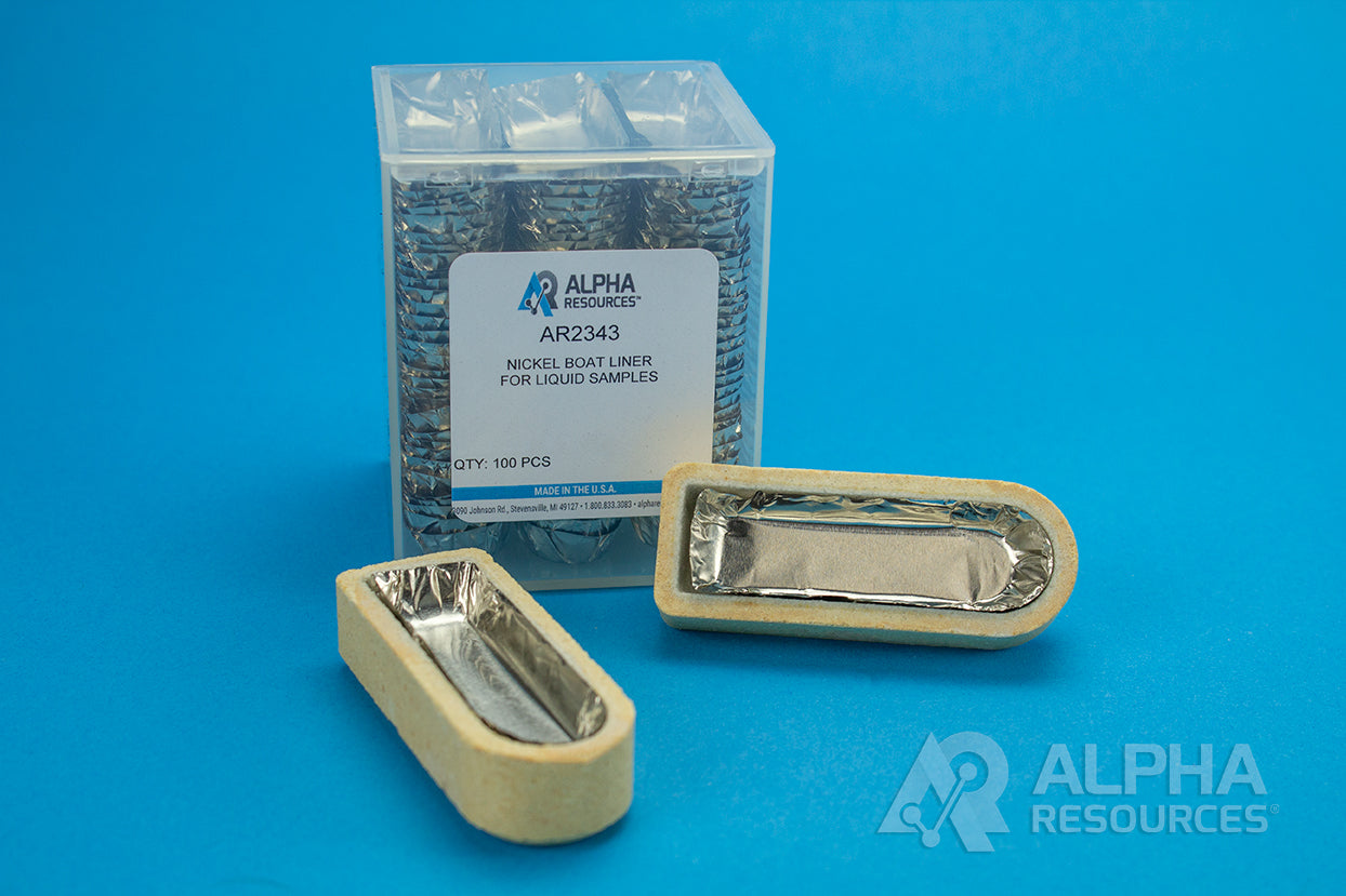 Nickel Boat Liner, For Liquid Samples (L: 50mm, W: 17mm) - Alpha Resources part AR2343 (replaces LECO 502-343 528-230)