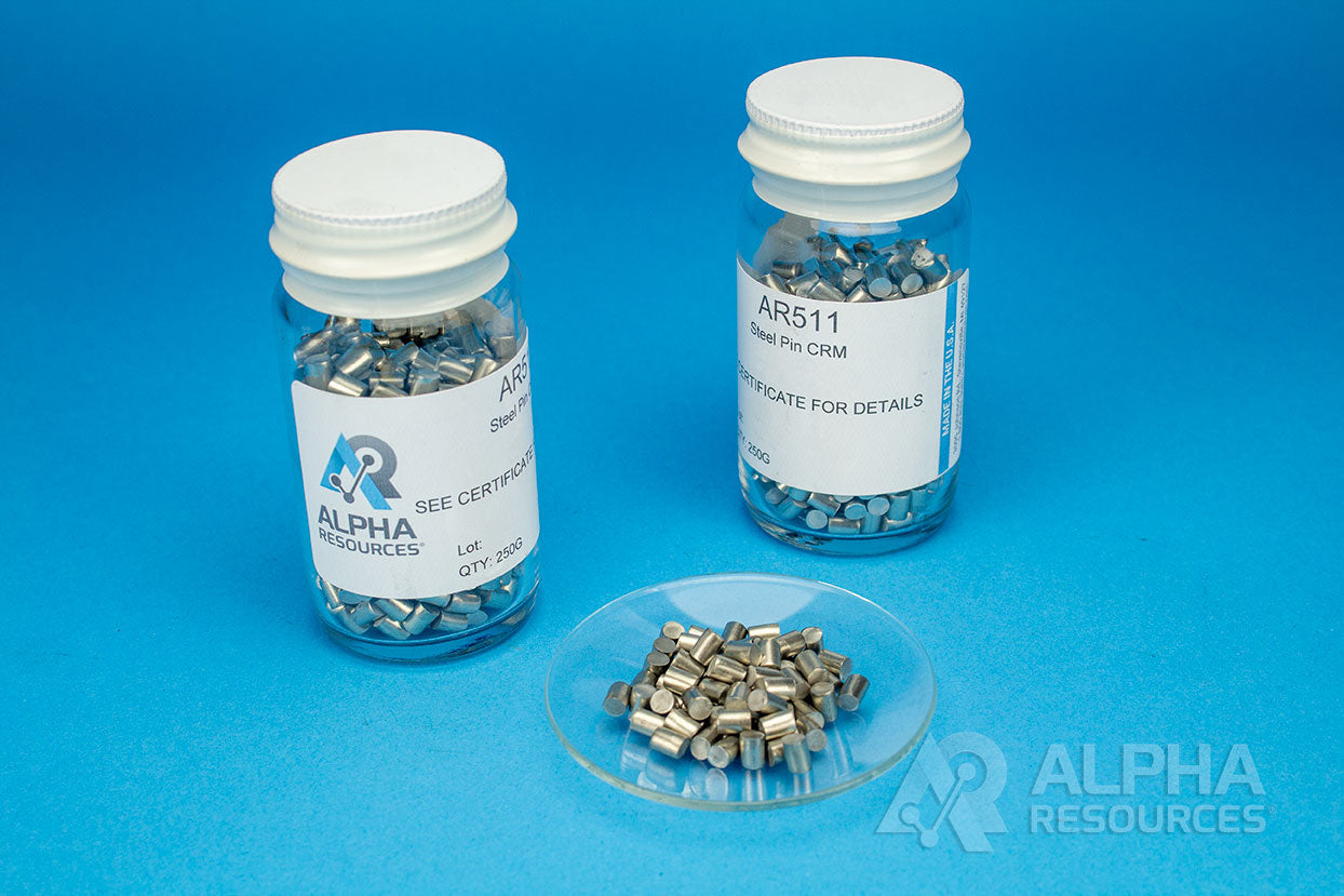 Carbon and Sulfur CRM (C= 0.051% S= 0.304%) - 0.5g Steel Pin - Alpha Resources part AR511