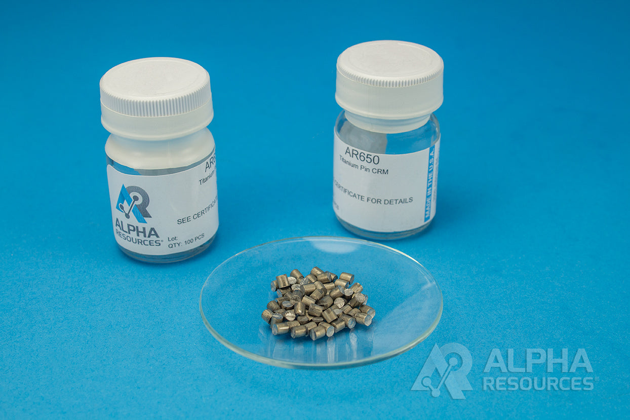 Hydrogen, Oxygen and Nitrogen in Titanium CRM (H= 0.0080%, O= 0.090%, N= 0.0076%) - 0.1g pins - Alpha Resources part AR650 (replaces LECO 762-741)