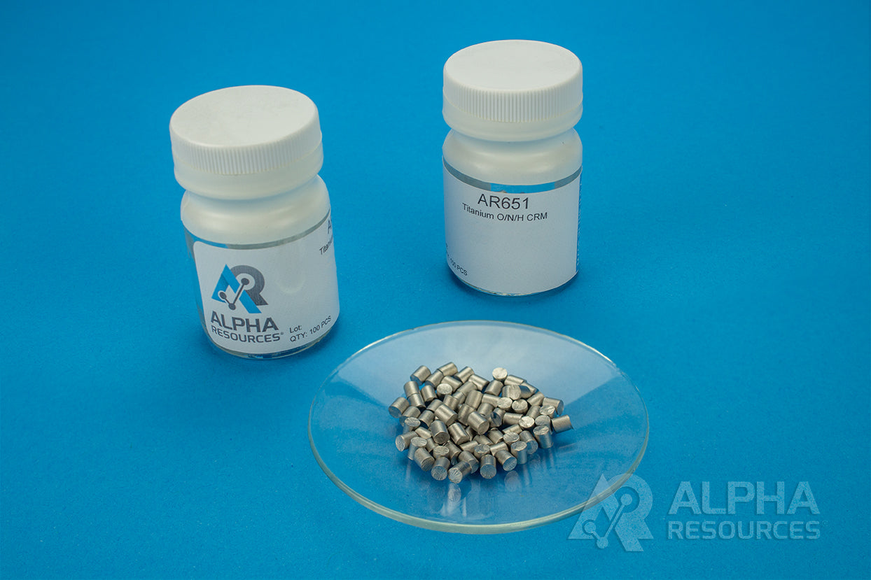 Hydrogen, Oxygen and Nitrogen in Titanium CRM (H= 0.0022%, O= 0.132%, N= 0.0059%) - 0.1g Pin - Alpha Resources part AR651 (replaces LECO 502-024)