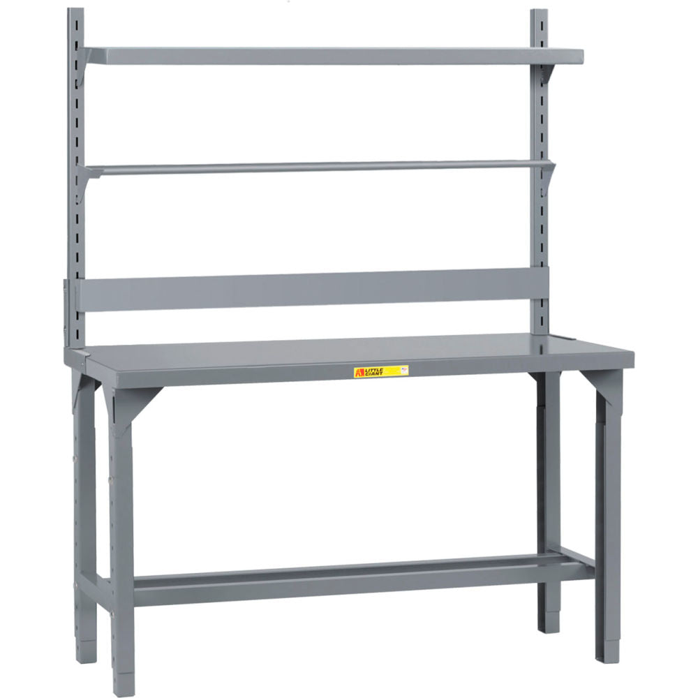 Little Giant WST1 adjustable-height packaging table with bin rail and roll-goods holder