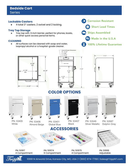 TrippNT 53549 Bedside Cart Silver Metallic Sales Sheet Back Specifications