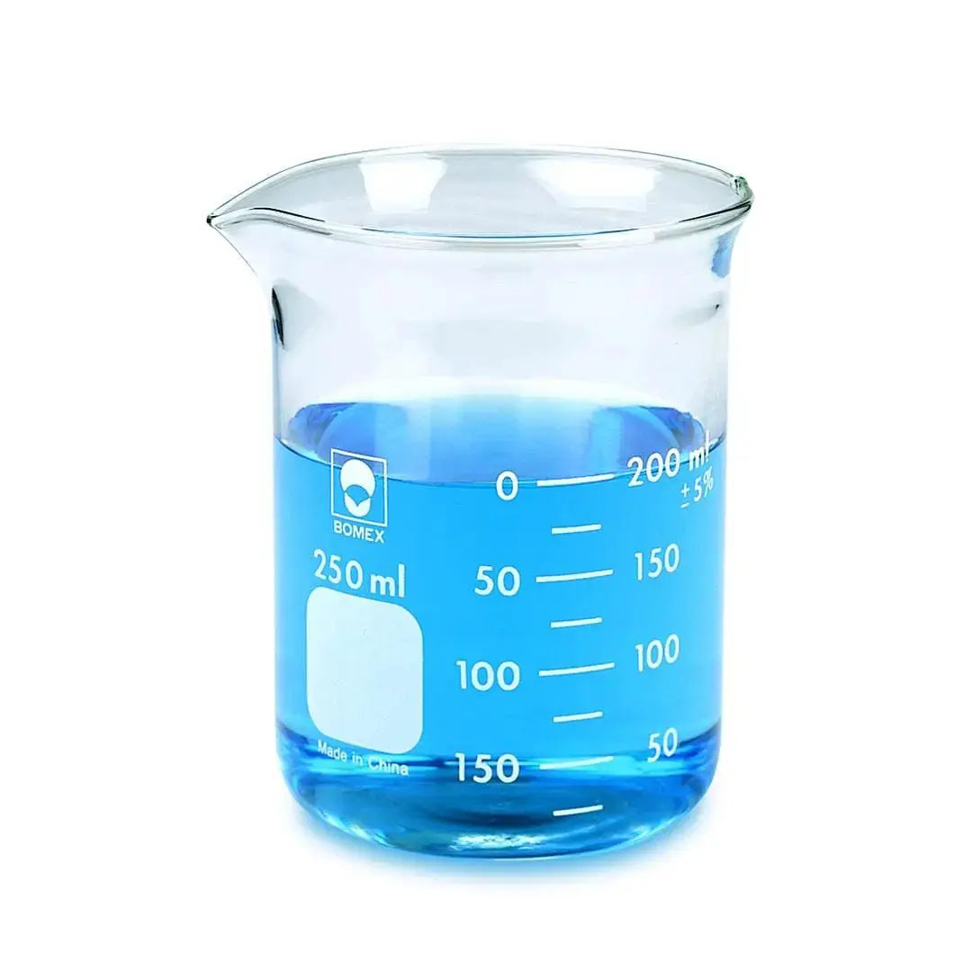 Borosilicate glass Griffin beaker graduated in low form design available in sizes 10mL to 2000mL with white printed dual scale graduations and pouring spout