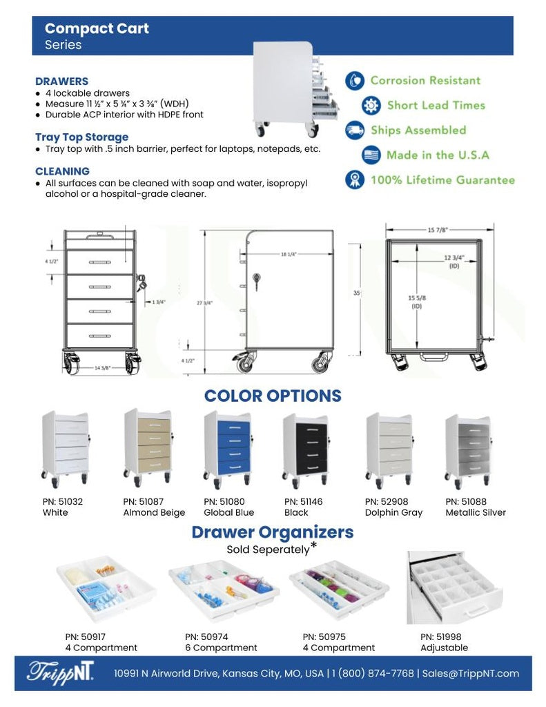 Compact 4-Drawer Locking Lab Cart | HDPE Mobile Storage 51080