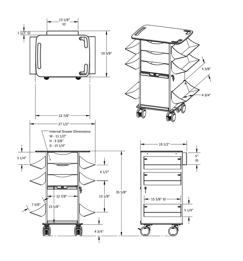 TrippNT 53492 Core CL Cart Metallic Silver Drawers Angle View Suture Shelves