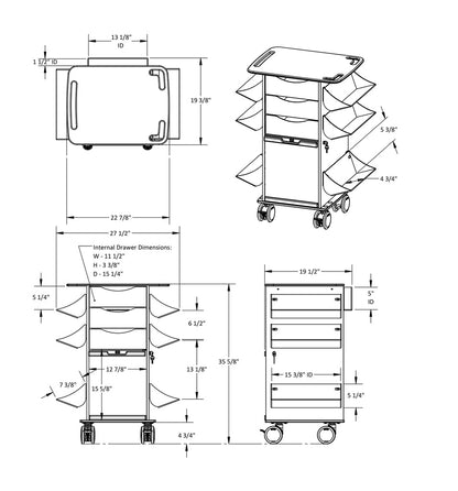 TrippNT 53501 — Core CL Cart showing 6 adjustable 45-degree angled shelves loaded with suture boxes