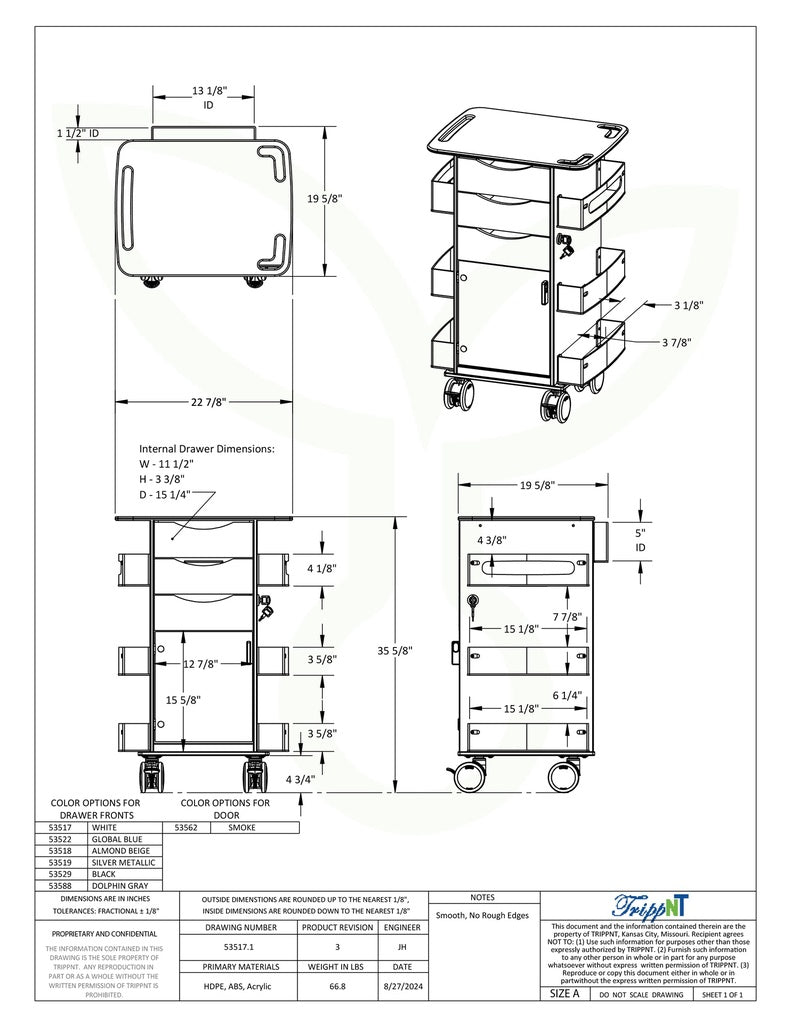 TrippNT 53517 Core DX Cart with Hinged Door - Engineering Drawing with Full Dimensions