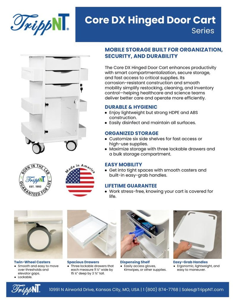 TrippNT 53519 Core DX Cart Silver Metallic Drawers - Hinged Door Open and Cart Configuration