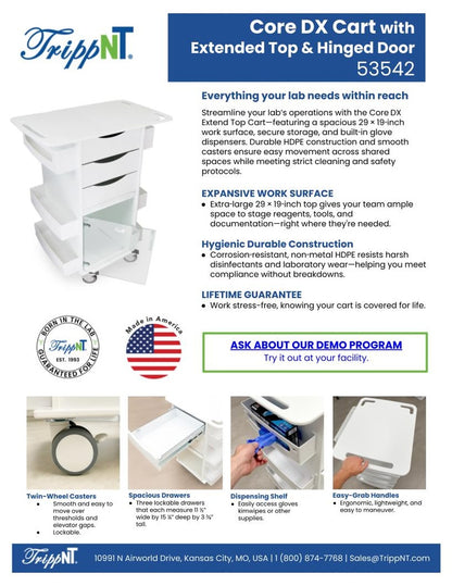 TrippNT 53542 Core DX Extended Top Cart - Hinged Door Open Bulk Storage and Drawer Access