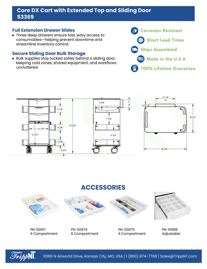 TrippNT 53369 Core DX Extended Top Cart - Clinical Procedure Room Wide Work Surface Lifestyle Shot
