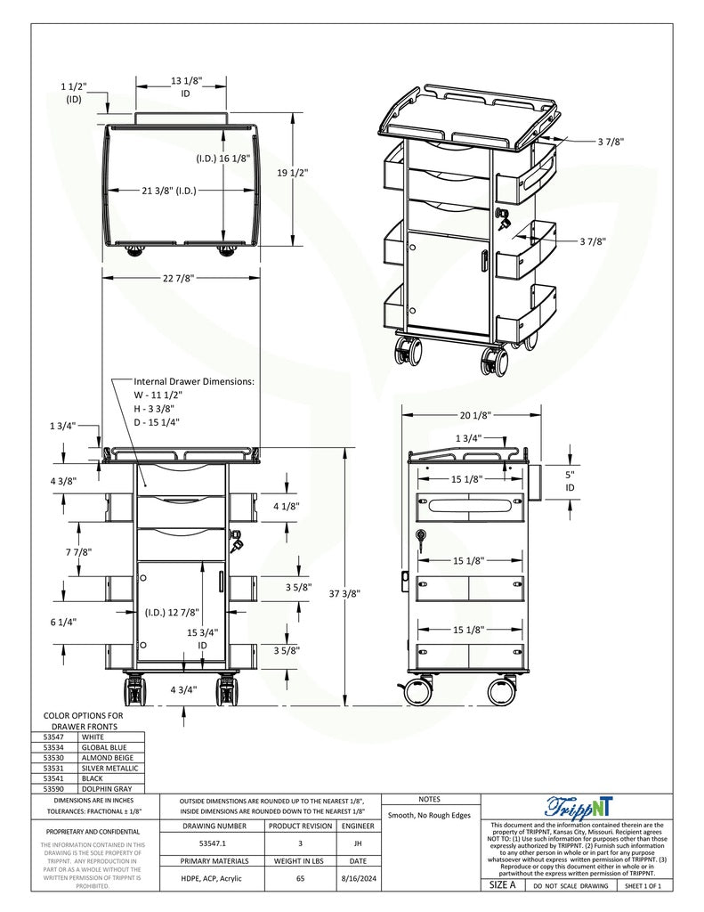 TrippNT 53590 — engineering drawing / dimensional callouts for Core DX hinged door railtop gray configuration
