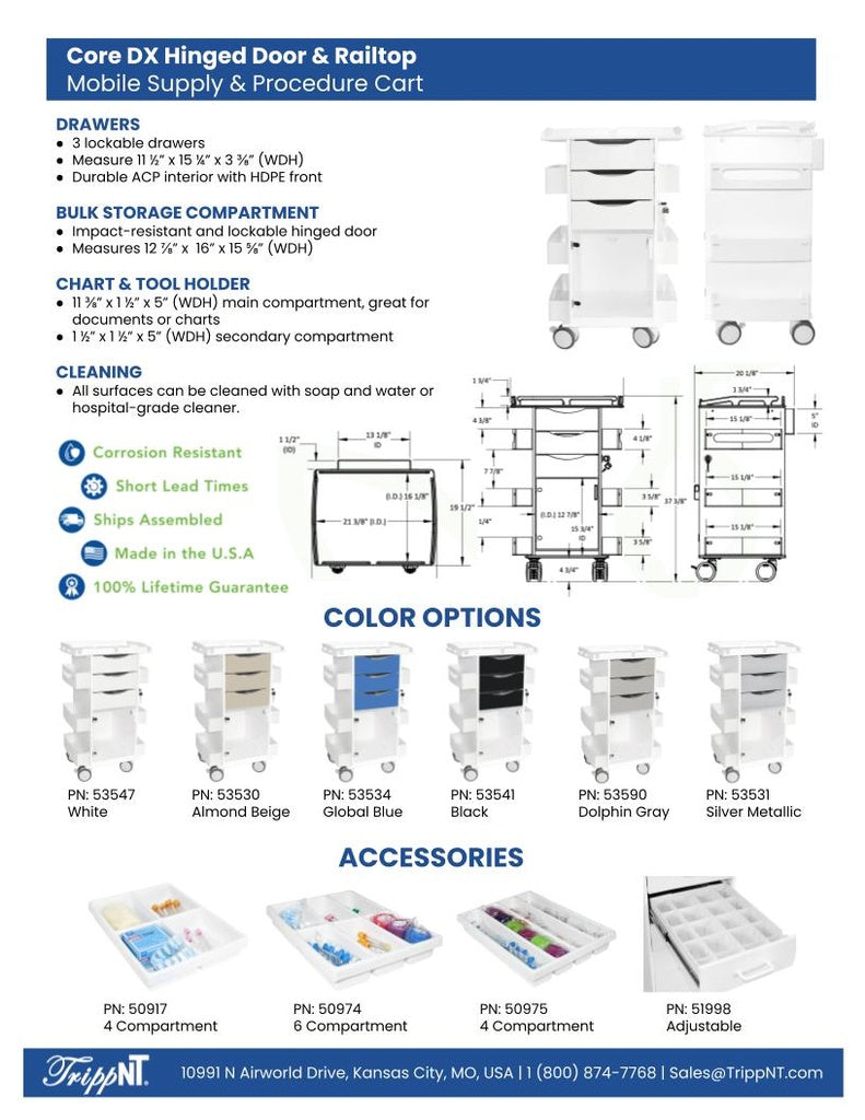 TrippNT 53590 — clinical in-use view showing Core DX gray railtop cart in hospital or lab corridor