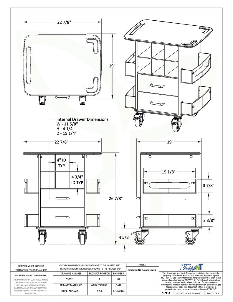 TrippNT 53602 — in-use view under BSC showing cart rolled under biosafety cabinet work surface with supplies staged